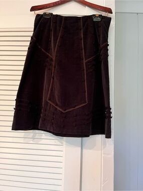 Anthropologie Odille Dark Brown Velvet Skirt with Button and Ribbon Trim